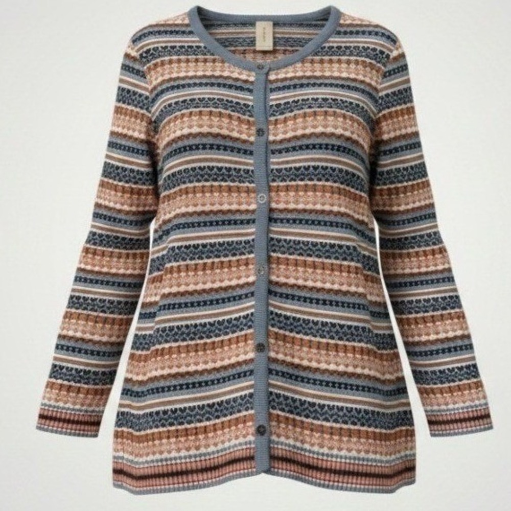 Skovhuus Cardigan Sweater Women 2XL Multi Fair Isle Stripe Denmark Scandi Hygge
